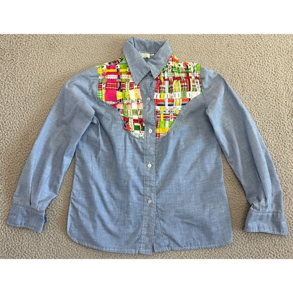 Vintage 70s Western Patchwork Button Shirt Womens Chambray Denim - Picture 1 of 16